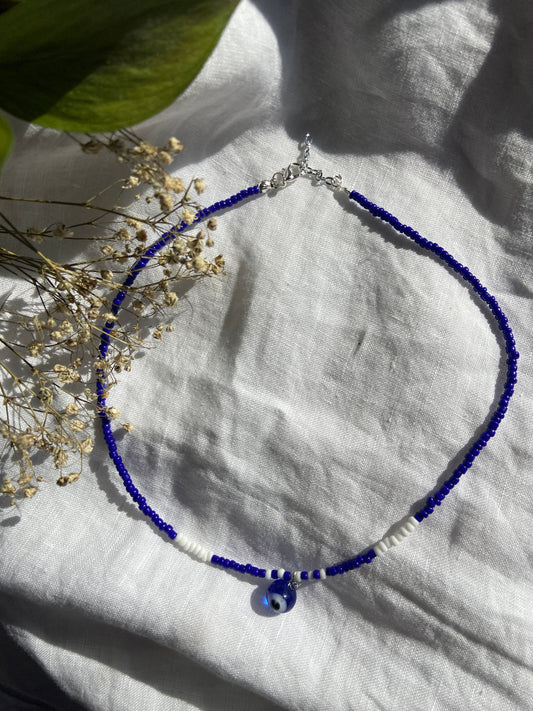 Blue Nazar Symbol Necklace with Beads